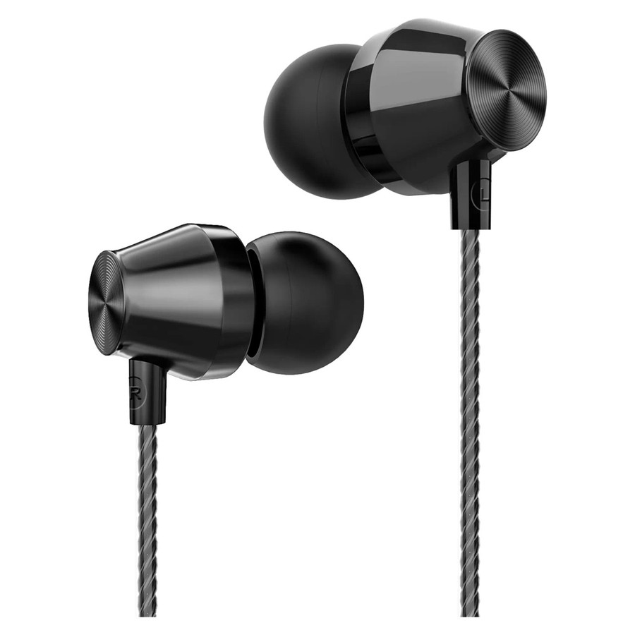 Parrot Wired Earphones CT3014, black in-ear wired earphones with a metallic finish and braided cord.
