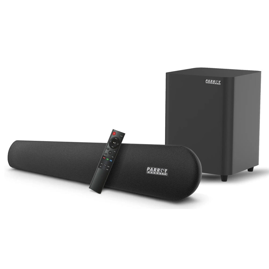 Parrot Speaker Sound Bar + 5.25 Inch Wireless Sub Incl Wall Bracket CT3018, black soundbar with remote control and subwoofer with wall bracket for high-quality home audio.