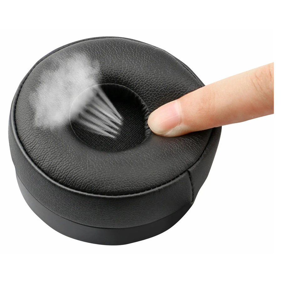 Call Centre Headset Additional Ear Cotton, black cylindrical ear cushion with a finger pressing on it, used as replacement ear cotton for CT4001 and CT4001S headsets.