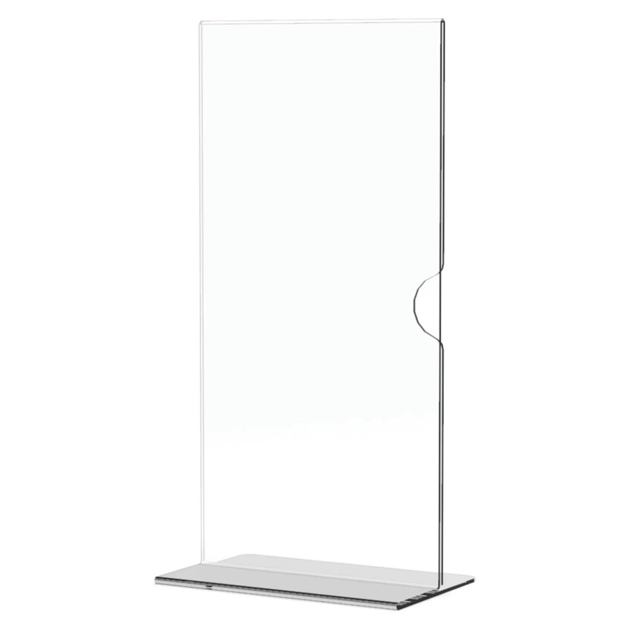 Product Menu Holder Acrylic Double Sided - 1/3 (DL) A4 - Box 5 DP0234-Z, clear double-sided acrylic menu display stand with a base and side slot for holding menus or signs.