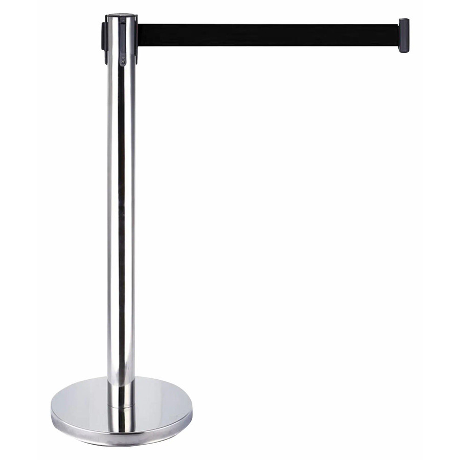 Box of 2 - Retractable Chrome Queue Barrier with Black Belt 910x320mm, image showing a chrome retractable queue barrier with black belt and sturdy round base.