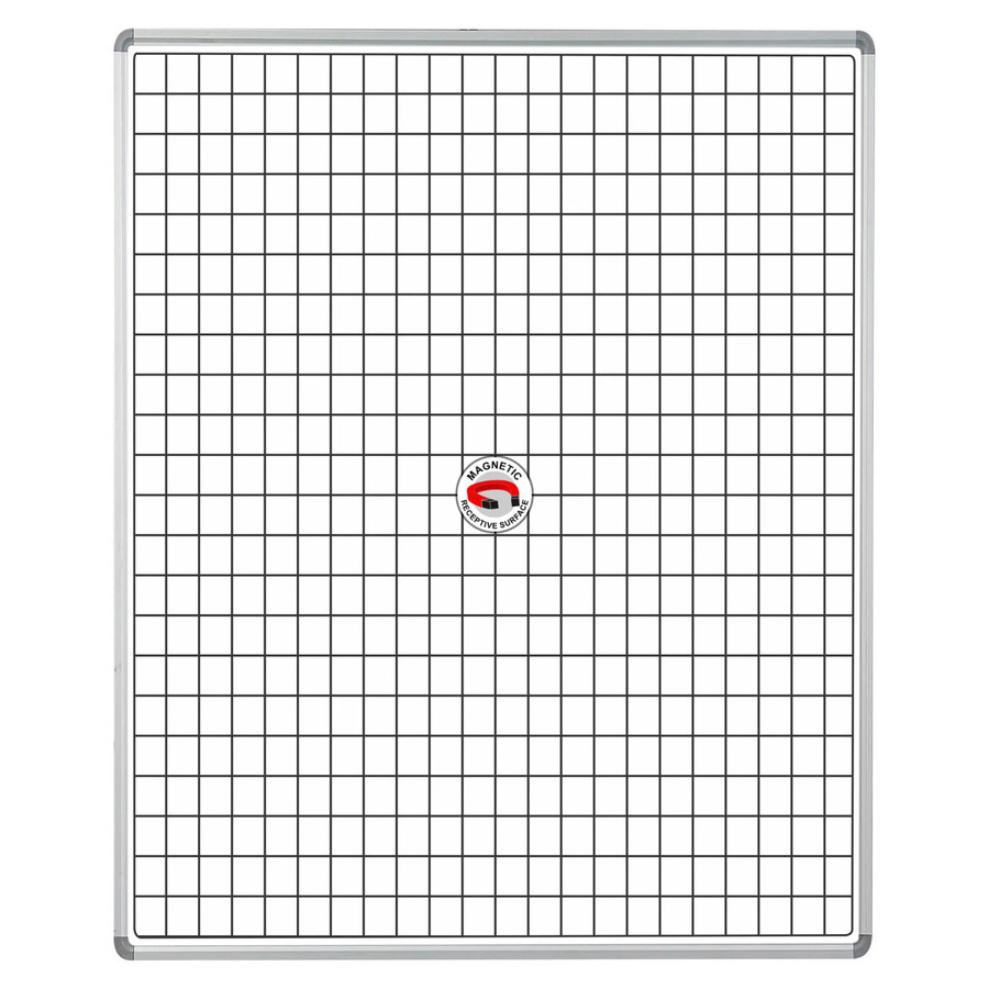 Educational Board Magnetic Whiteboard (1220 x 920 - White Squares - Side Panel - Option a) ED1268, Image of a Large Whiteboard with a Grid of White Squares and a Side Panel, Featuring a Magnetic Surface and a Central Magnetic Logo.