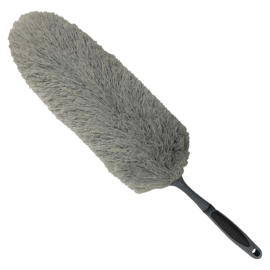 Micro Fibre Feather Duster JA0602, a soft grey microfiber dusting tool with a black ergonomic handle for effective cleaning.