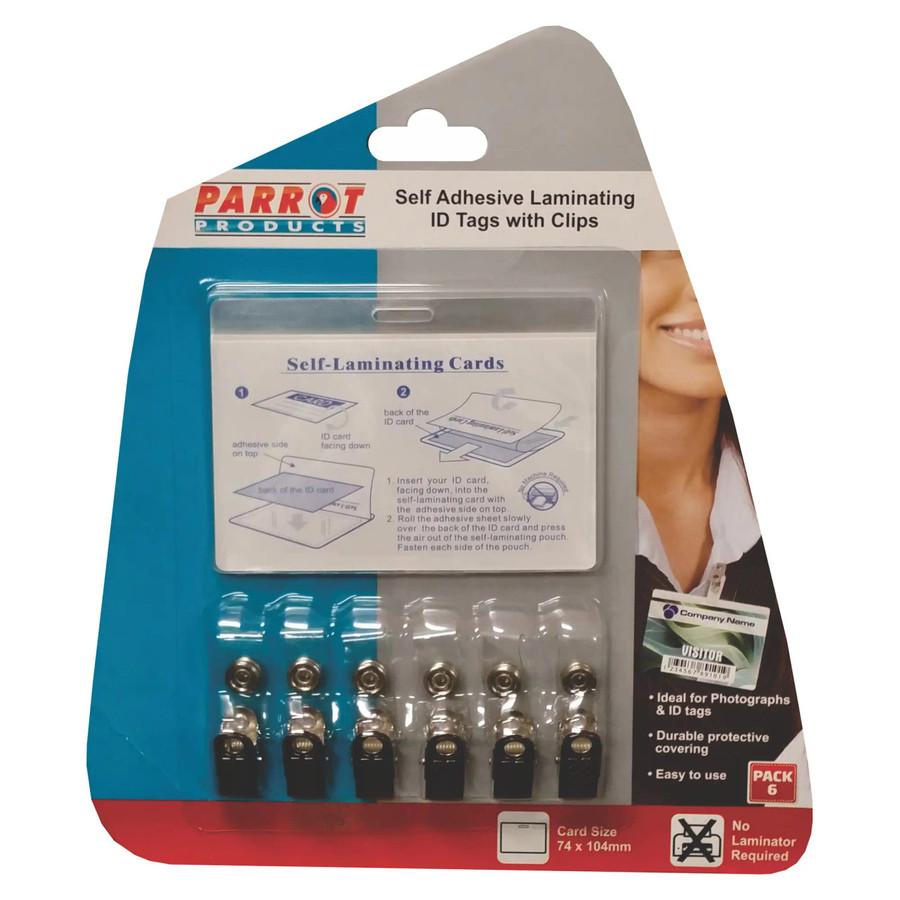 Laminating Self Adhesive ID Tags and Clips (6) LA1050, product packaging showing six self-adhesive, self-laminating ID tags with clips for attaching, with instructions and features highlighted.