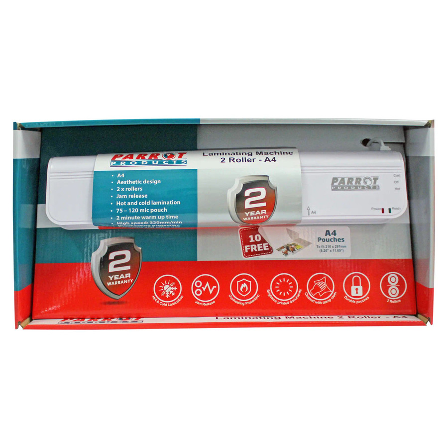 Product A4 Laminating Machine (2 Roller - 320MM/Min - Retail) LF9040R, new white laminator machine inside packaging with product features shown on box.
