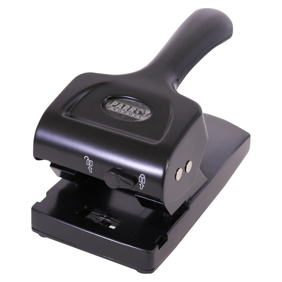 Steel Hole Punch (65 Sheets - Black), black steel hole punch with ergonomic handle and adjustable punching mechanism.