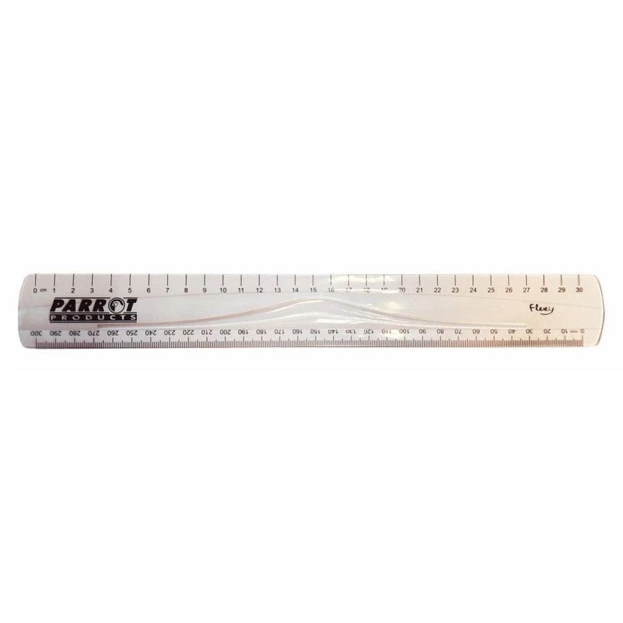 Parrot Flexible Ruler 30 cm Clear, Image Showing a Transparent Flexible Ruler with Measurement Markings in Inches and Centimeters.