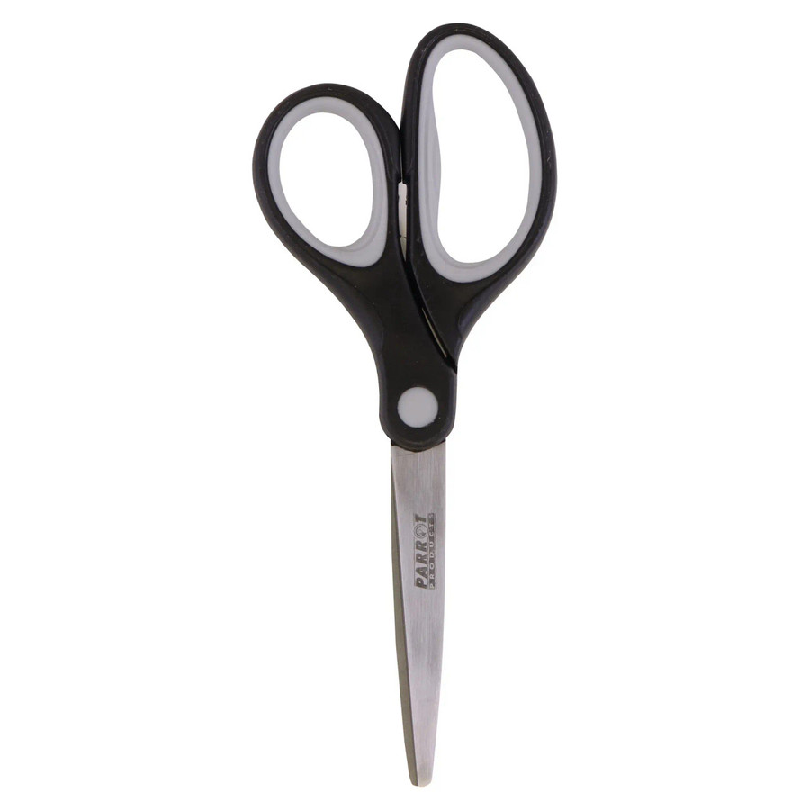 Parrot Scissors 18cm - Grey, a pair of scissors with black and grey ergonomic handles and stainless steel blades for precision cutting.