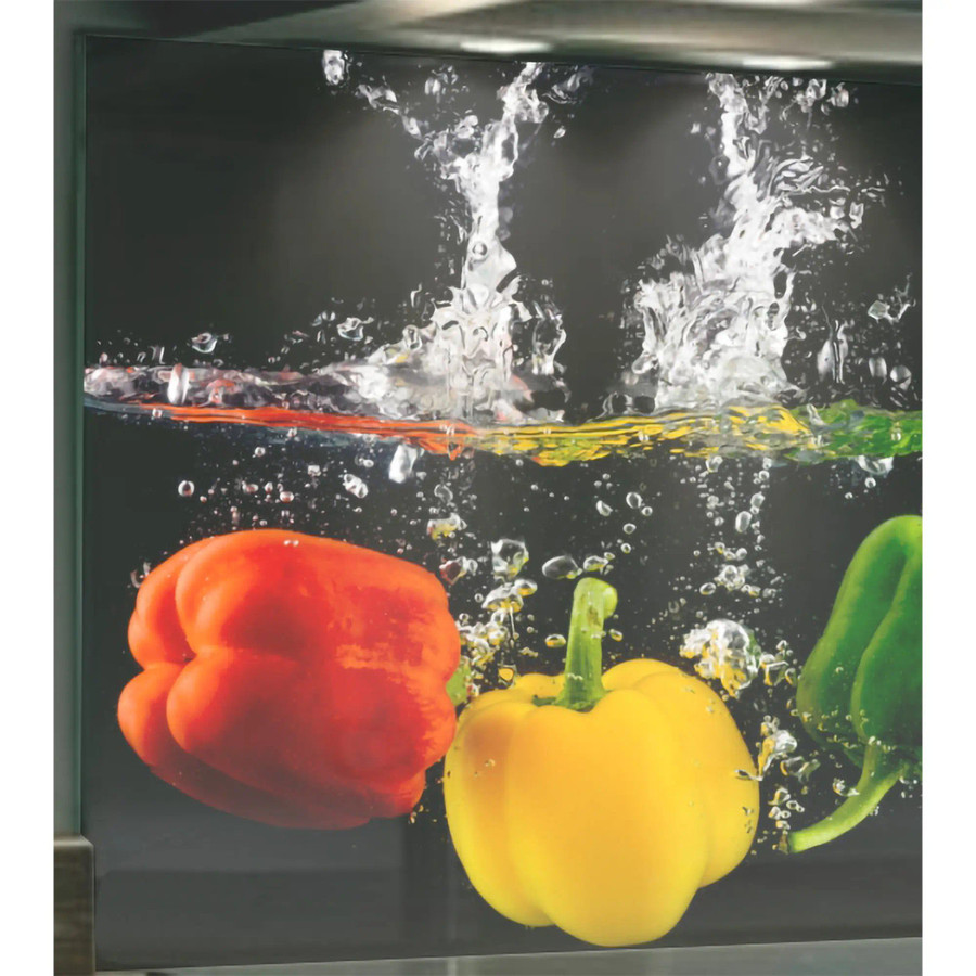 Peppers Hob Splashback, 898 x 700 x 6mm, with colorful bell peppers submerged in water with bubbles for kitchen decor.