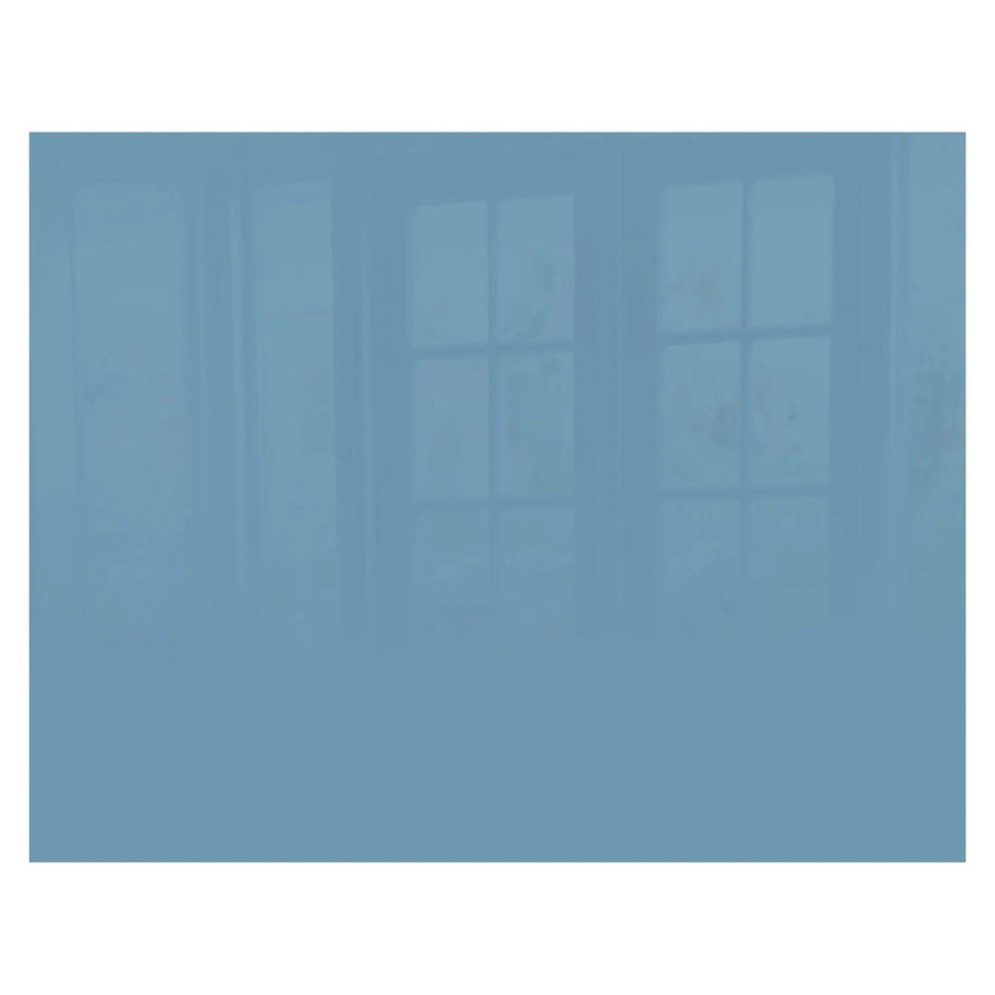 Pastel Blue Hob Splashback, 898 x 700 x 6mm, SB9070PD, reflecting windows and interior space.