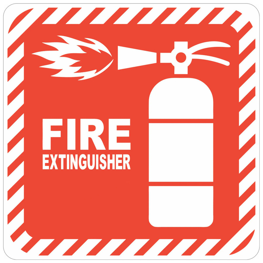 Product Red Fire Extinguisher Symbolic Sign on White ACP, fire extinguisher icon with a flame and labeled 'FIRE EXTINGUISHER' in white on a red background.
