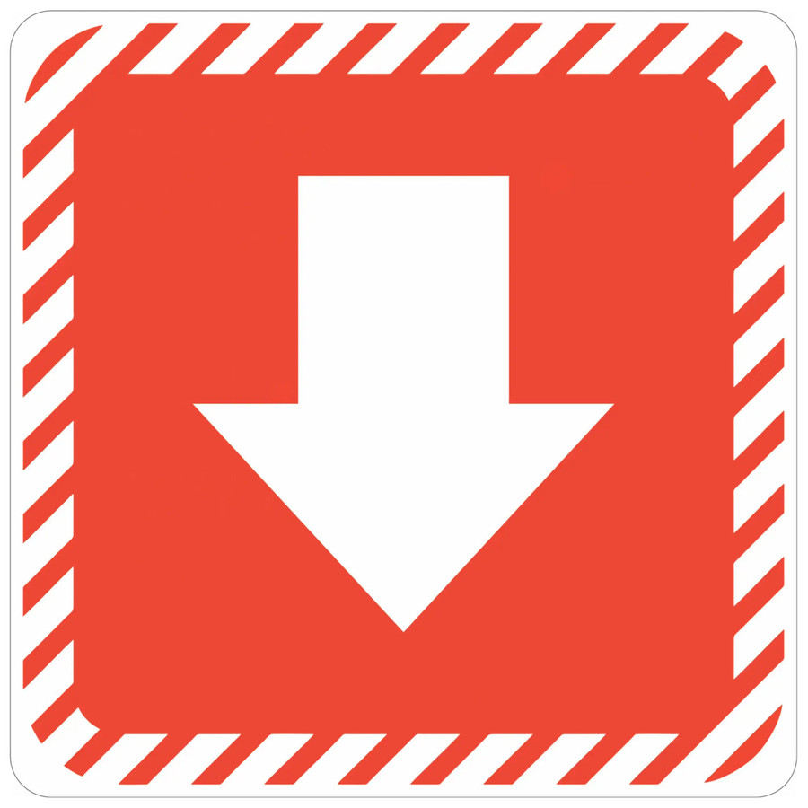 Product White Arrow with Red Symbolic Sign on White ACP (150 x 150mm) SN4103, safety directional sign featuring a downward arrow in white on an orange background with a striped border.