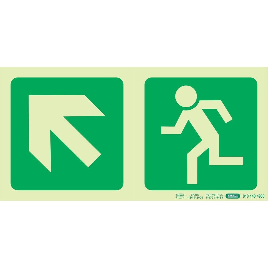 Photoluminescent 190MM Safety Sign - E12-Diagonal Arrow Up AND Left+Running Man