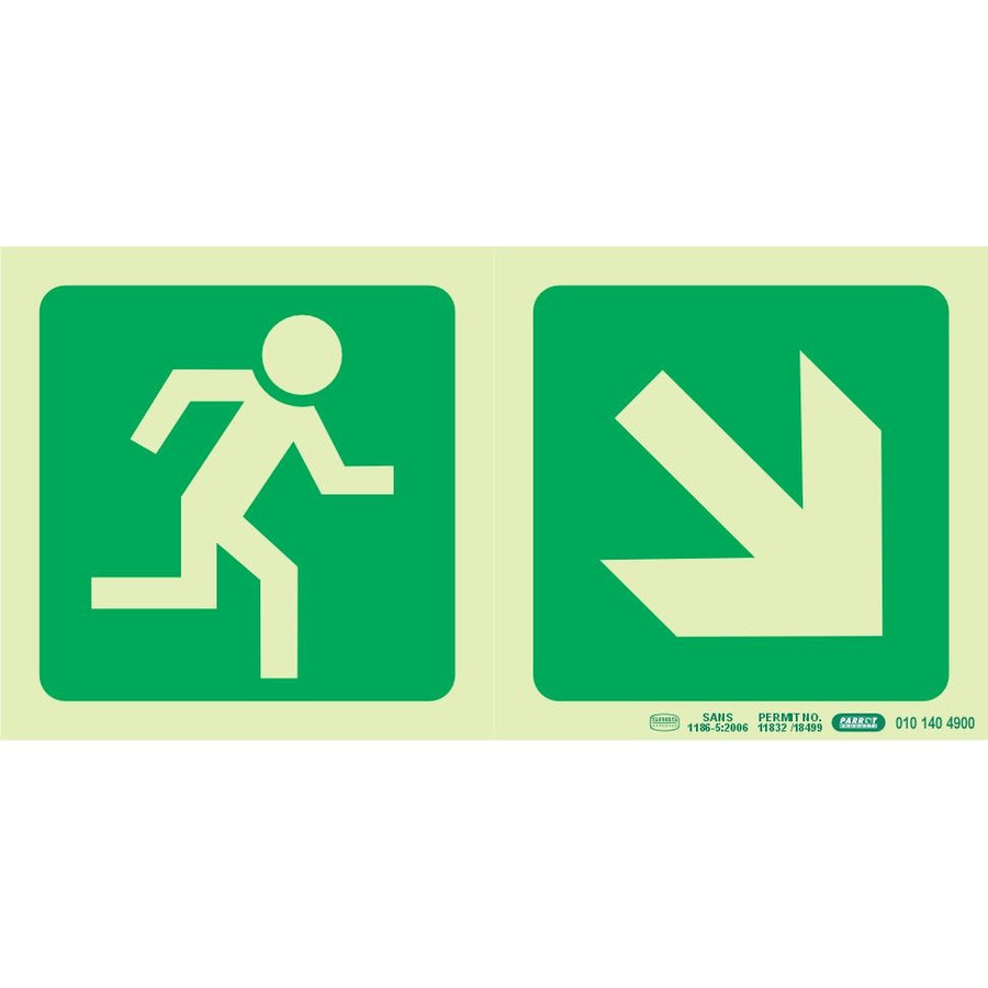 Photoluminescent 190MM Safety Sign - E13-Running Man+Diagonal Arrow Down AND Right