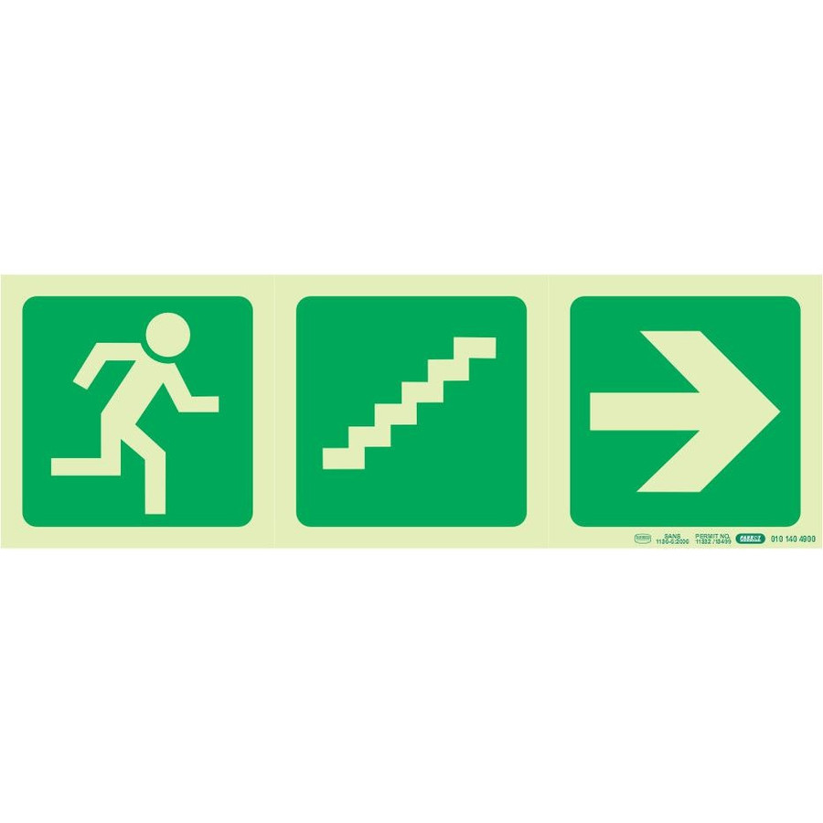 Photoluminescent 190MM Safety Sign - E18-Running Man+Stairs Going Up+Arrow Right