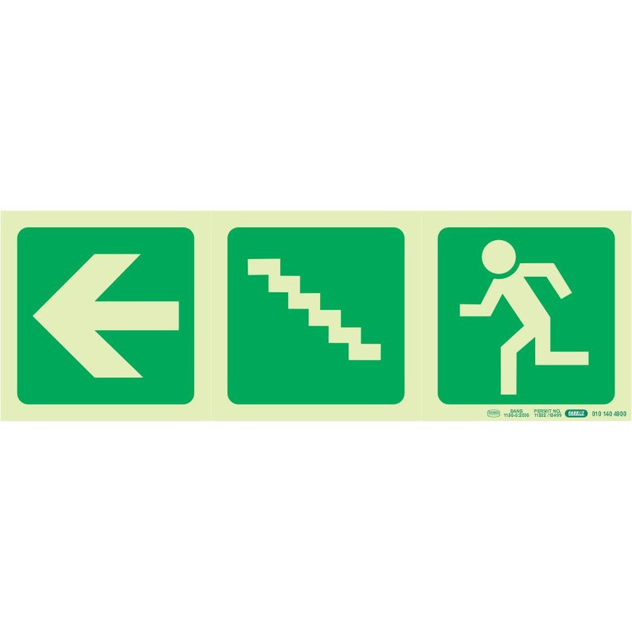 Photoluminescent 190MM Safety Sign - E19-Arrow Left+Stairs Going Up+Running Man