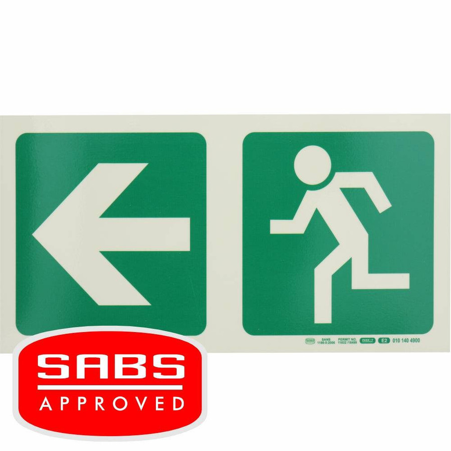 Photoluminescent 190MM Safety Sign - E2-Arrow Left+Running Man