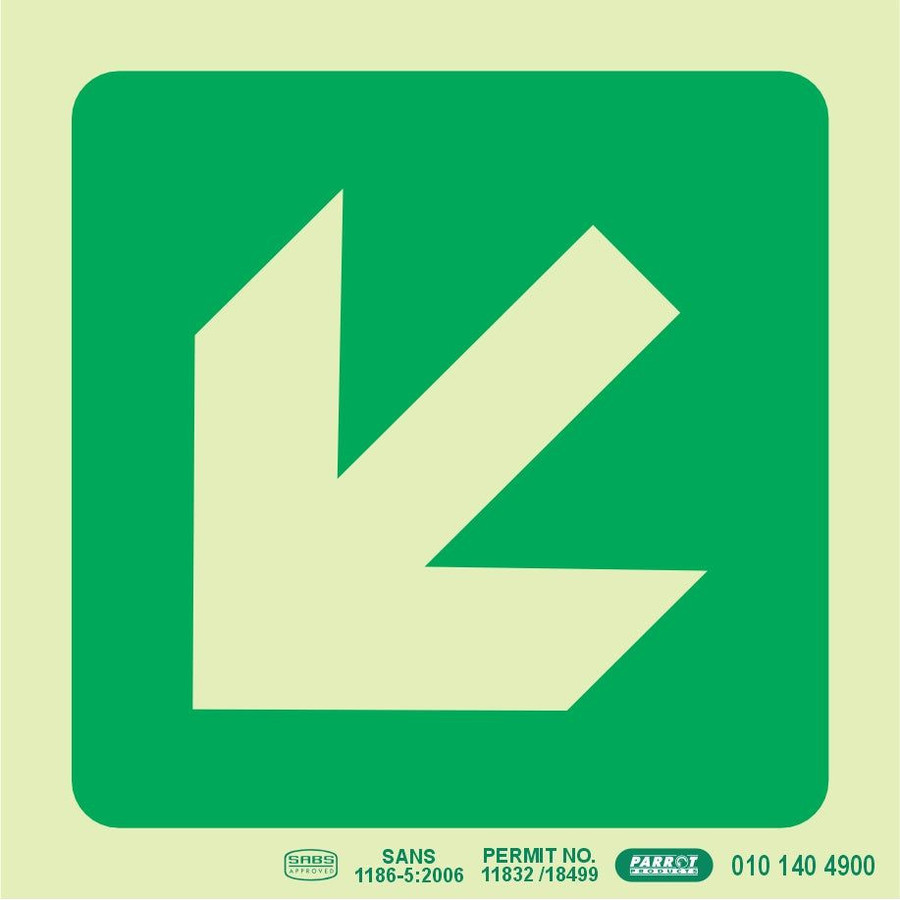 Photoluminescent 190MM Safety Sign - E30-Diagonal Arrow Down AND Left
