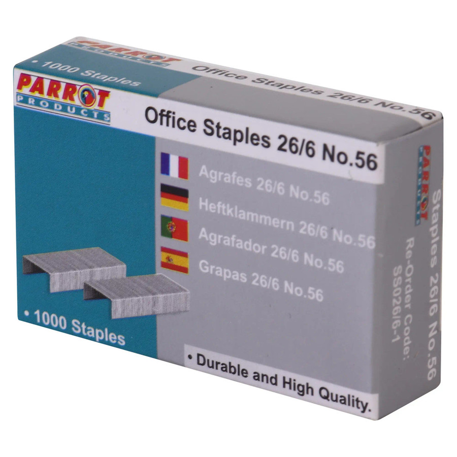 Office Staples 26/6 No.56, box of 1000 staples, suitable for 30 pages, in gray packaging with product details and flags of France, Germany, Portugal, and Spain.