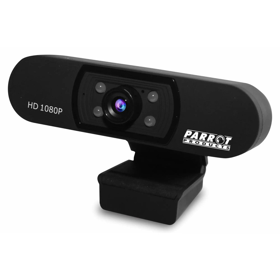 Black Parrot Full Hd Video Conference Camera with 1080p Resolution, Manual Focus, and LED Lights, Featuring a Sleek Design and Mountable Stand, Ideal for High-Quality Video Conferencing, with Brand Logo and Hd 1080P Text on the Body.