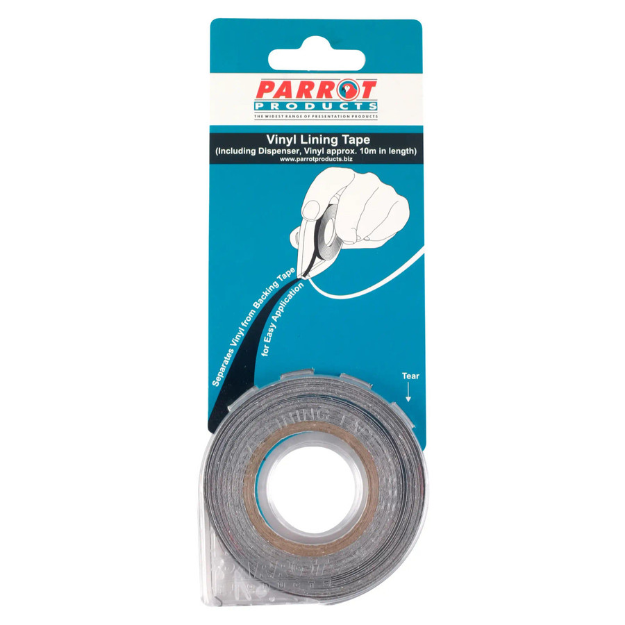 Vinyl Lining Tape, product image showing 10 meters black tape with 3mm width in clear dispenser, for waterproofing and sealing applications.