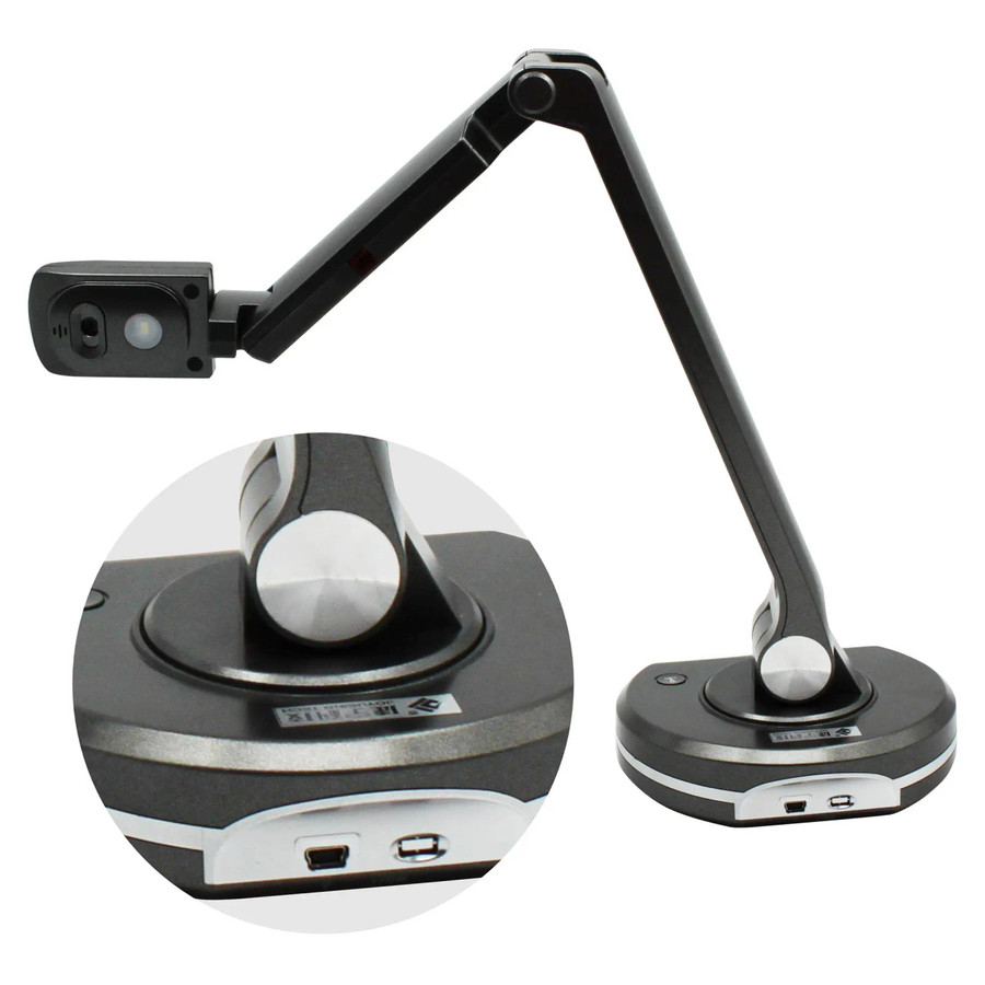Product Visualizer Presenter (Econo) VZ0001, black and white desktop document camera with adjustable arm and base, featuring a built-in camera and control ports.