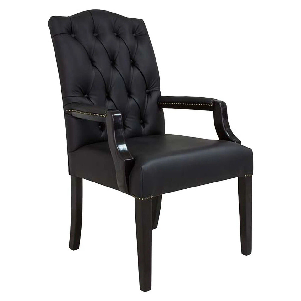 Tripoli Medium-back Office Chair, Black Leather Upholstery with Tufted Backrest and Wooden Armrests with Nailhead Trim.