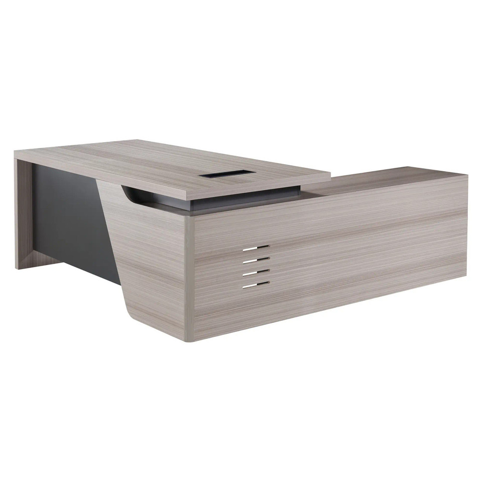 2000 mm Light Oak Executive Desk with Matching Fixed Credenza, Modern Office Furniture with a Light Oak Finish, Sleek Design, and Integrated Cable Management System.