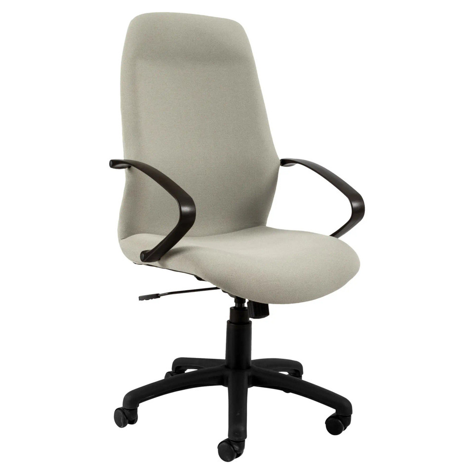 Morant 4 x 4 High-back Chair, Beige Office Chair with Black Armrests and Adjustable Base for Ergonomic Support.