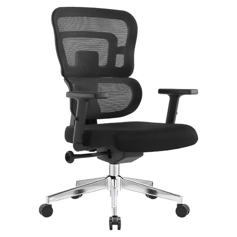 Up Ergo Medium-back Office Chair, Black Mesh Ergonomic Office Chair with Adjustable Armrests and a Cushioned Seat on a Five-Star Wheeled Base.