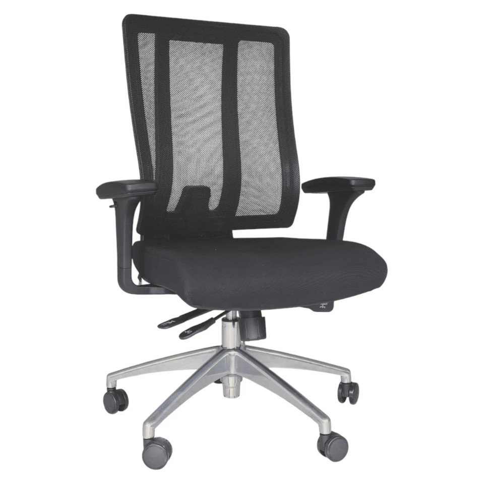 Jankz Human Ergo Medium-back Office Chair, Black Mesh Ergonomic Office Chair with Adjustable Armrests and a Cushioned Seat on a Silver Five-Star Wheeled Base.