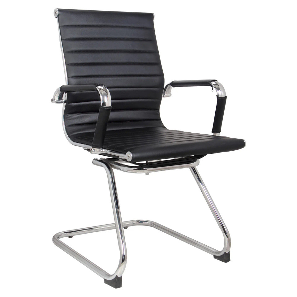 Classic Eames Black High-Quality Leather Chair with Chrome Frame and Armrests, Featuring Horizontal Stitching on Seat and Backrest, Showcasing a Sleek and Modern Design, Perfect for Office Use. 67 Brand, Durable and Comfortable.
