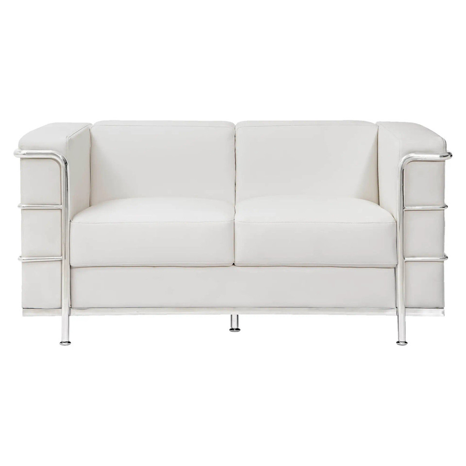 Le Cube Le Corbusier Sofa, Modern White Sofa with Sleek Chrome Frame and Plush Cushions.