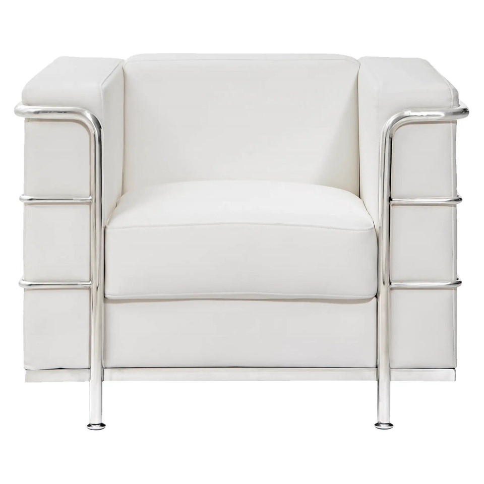 Le Cube Le Corbusier Sofa, Modern White Sofa with Sleek Chrome Frame and Armrests.