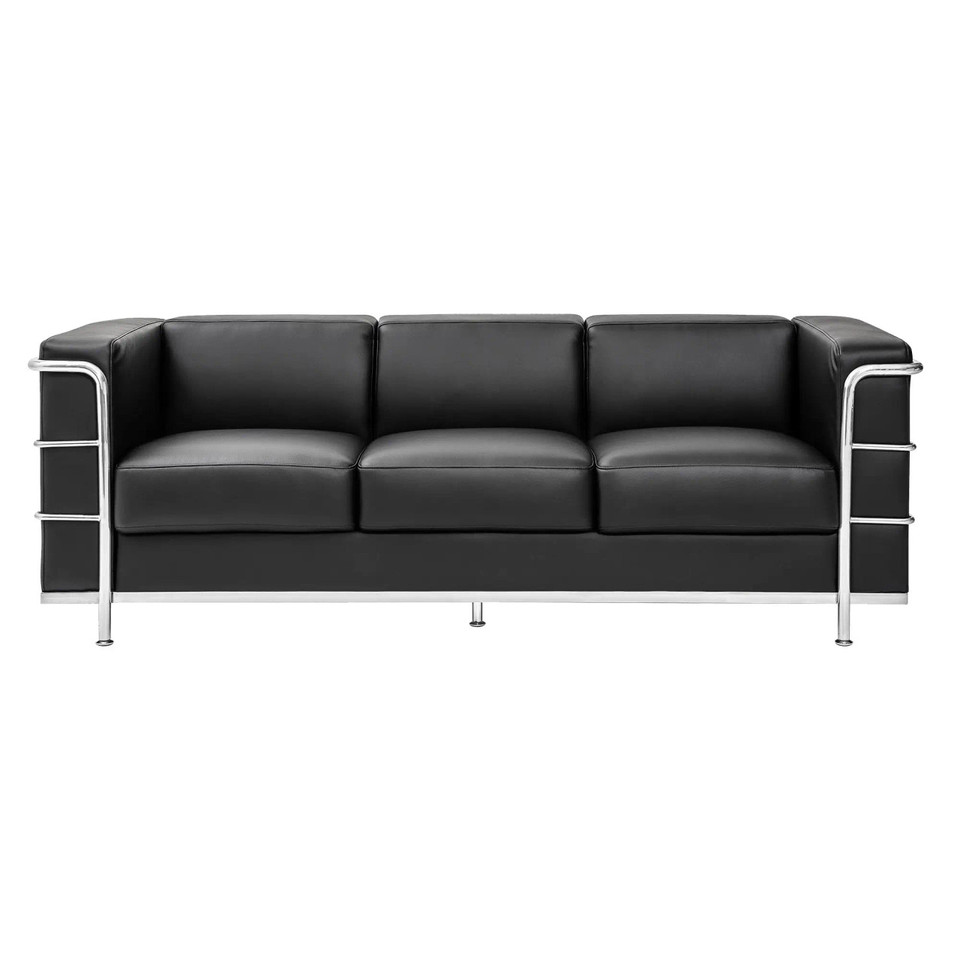 Le Cube Le Corbusier Sofa, Modern Black Leather Sofa with Chrome Frame and Sleek Design.