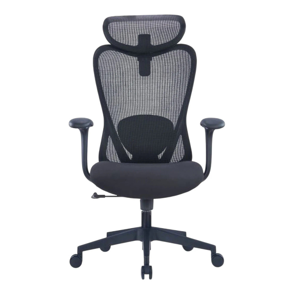 Black Mesh High-back Office Chair with Black Nylon Frame, Featuring Ergonomic Design and Adjustable Elements, from Brand 67, Showcasing a Sturdy Base and Armrests, Presented as a High-back Chair with a Sleek, Modern Aesthetic.