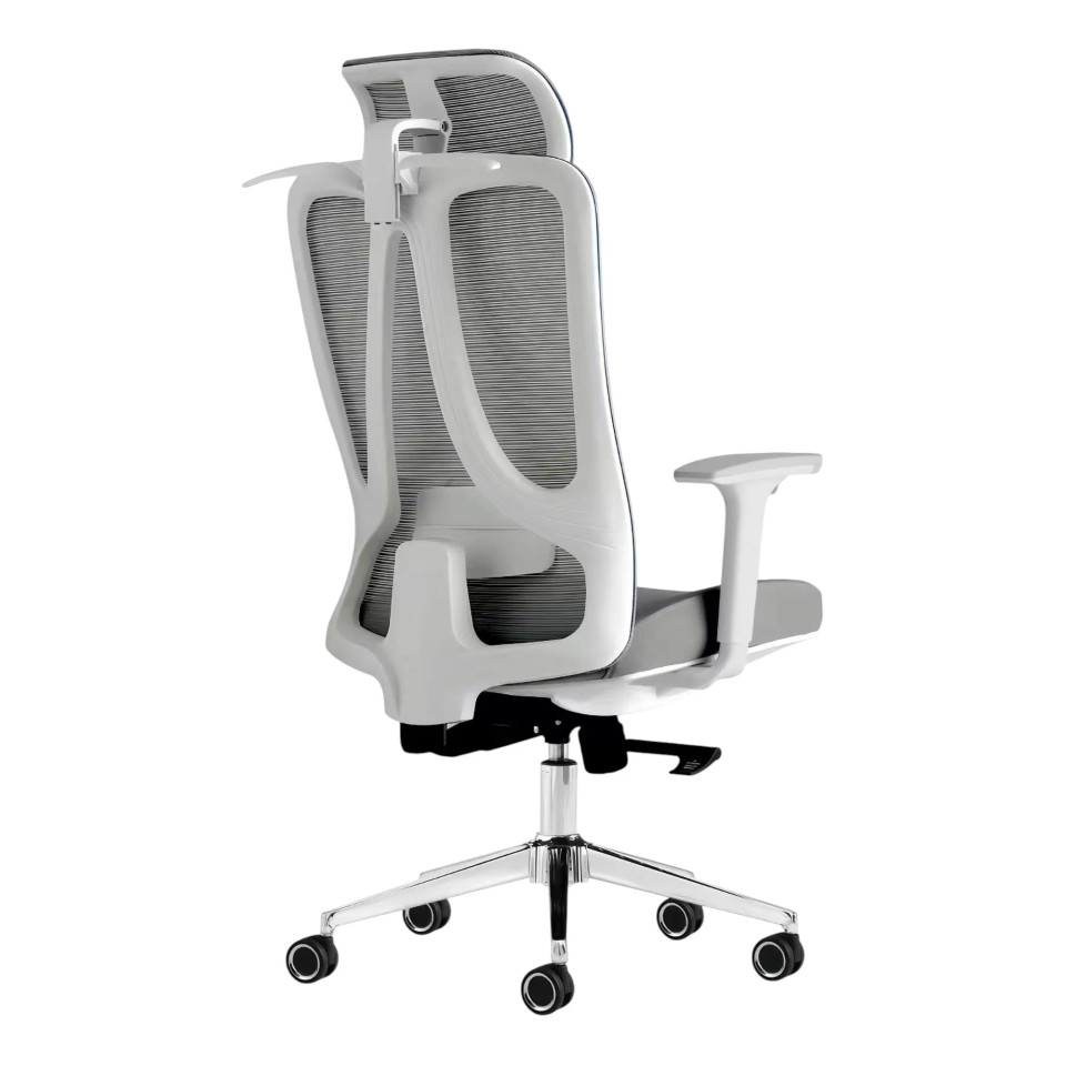 The Grey Mesh with White Frame High-back Office Chair Features a Grey Mesh Back with Headrest, White Frame and Arms, Padded Seat, and Chrome Base with Nylon Castors.