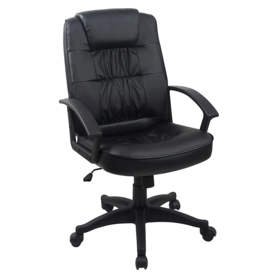 Brooklyn Medium-back Office Chair in black PVC upholstery, with Polyurethane armrests, a swivel and tilt mechanism, and a nylon 640 mm five-star base. The image of the product is a 45-degree front view image