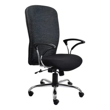 Diva High-back Office Chair by 67, a Durable Office Chair with Black Fabric Upholstery, Silver Metal Frame, and Five-Star Base with Casters, Featuring Adjustable Armrests and a High Backrest for Ergonomic Support.