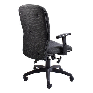 Diva Medium-back Office Chair with Dark Grey Fabric Seat and Backrest, Black Armrest, and Five-Legged Base with Casters, Featuring a Sturdy Frame and Adjustable Design for Ergonomic Comfort.