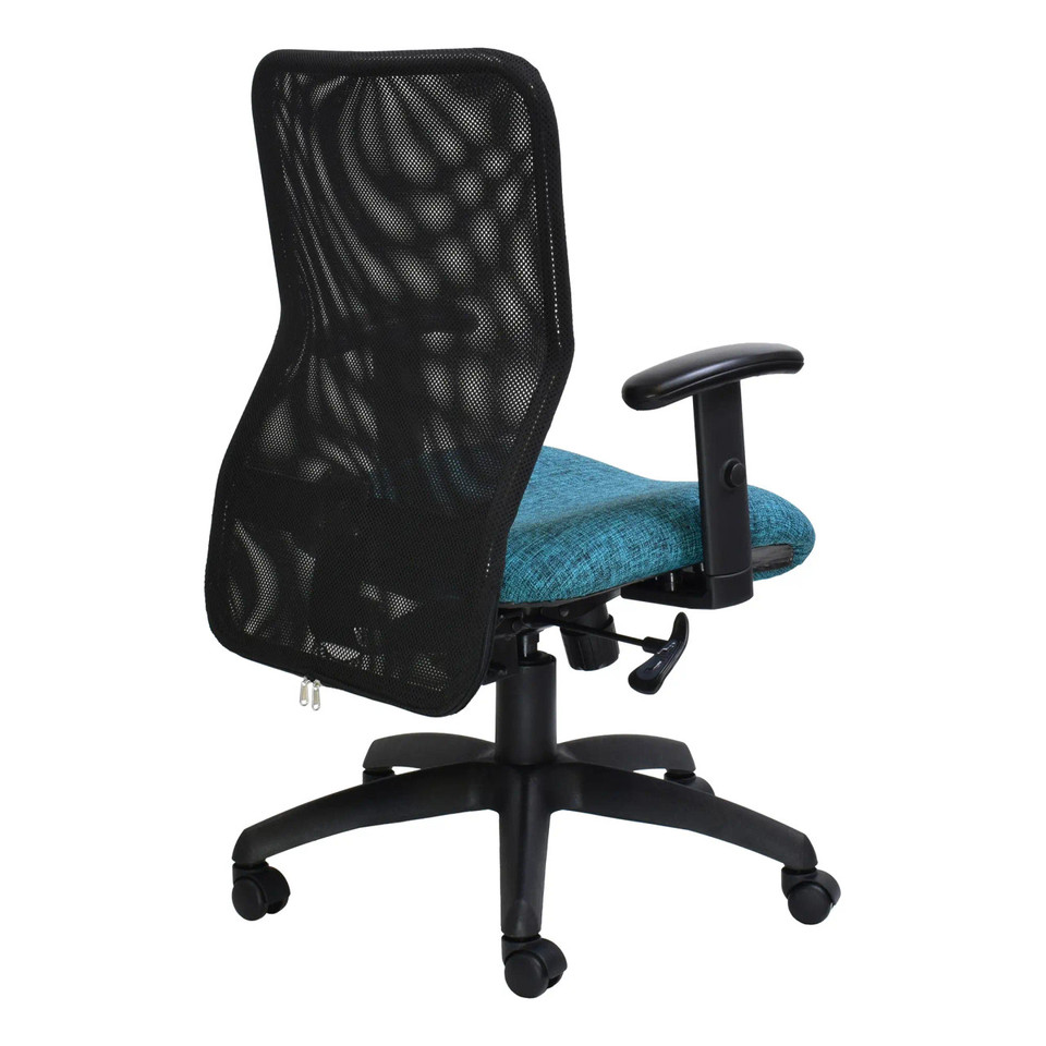 Black Mesh Office Chair with Teal Seat, 67 Brand, Medium-back, Durable Office Seating, Featuring Breathable Mesh Back and Supportive Seat, on Five-Star Black Base with Wheels.