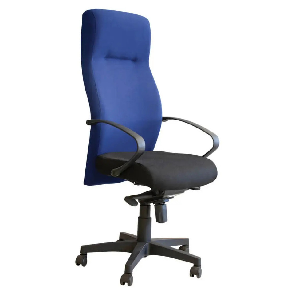 Cayman High-back Office Chair in Blue and Black, Featuring a High Backrest and Armrests, on a Five-Star Base with Wheels, Made with Durable Materials and Genuine Leather Chair Elements for Comfort and Style.
