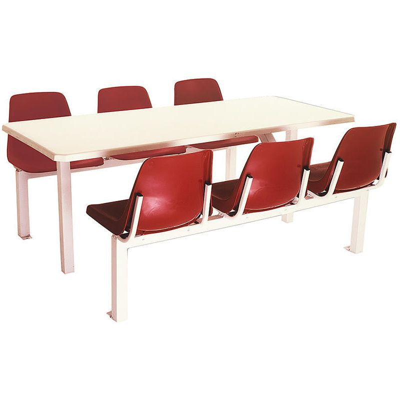Six-Seater Canteen Rectangular Poly Shell Set DP6, Sturdy Table with Red Plastic Chairs Arranged Around It for Dining or Meetings.