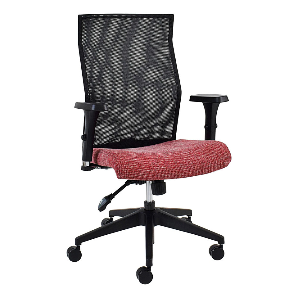 Exodus Medium-back Office Chair by Office Stock South Africa, Featuring a Red Cushioned Seat, Black Mesh Back, and Adjustable Armrests, Showcasing Durable Office Seating with Ergonomic Design and a Sturdy Black Frame on Five Wheels.