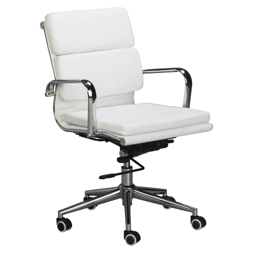 Classic Eames Cushion Medium-back Office Chair, White Leather Office Chair with Chrome Armrests and Base, Adjustable Height, and Five Casters for Mobility.