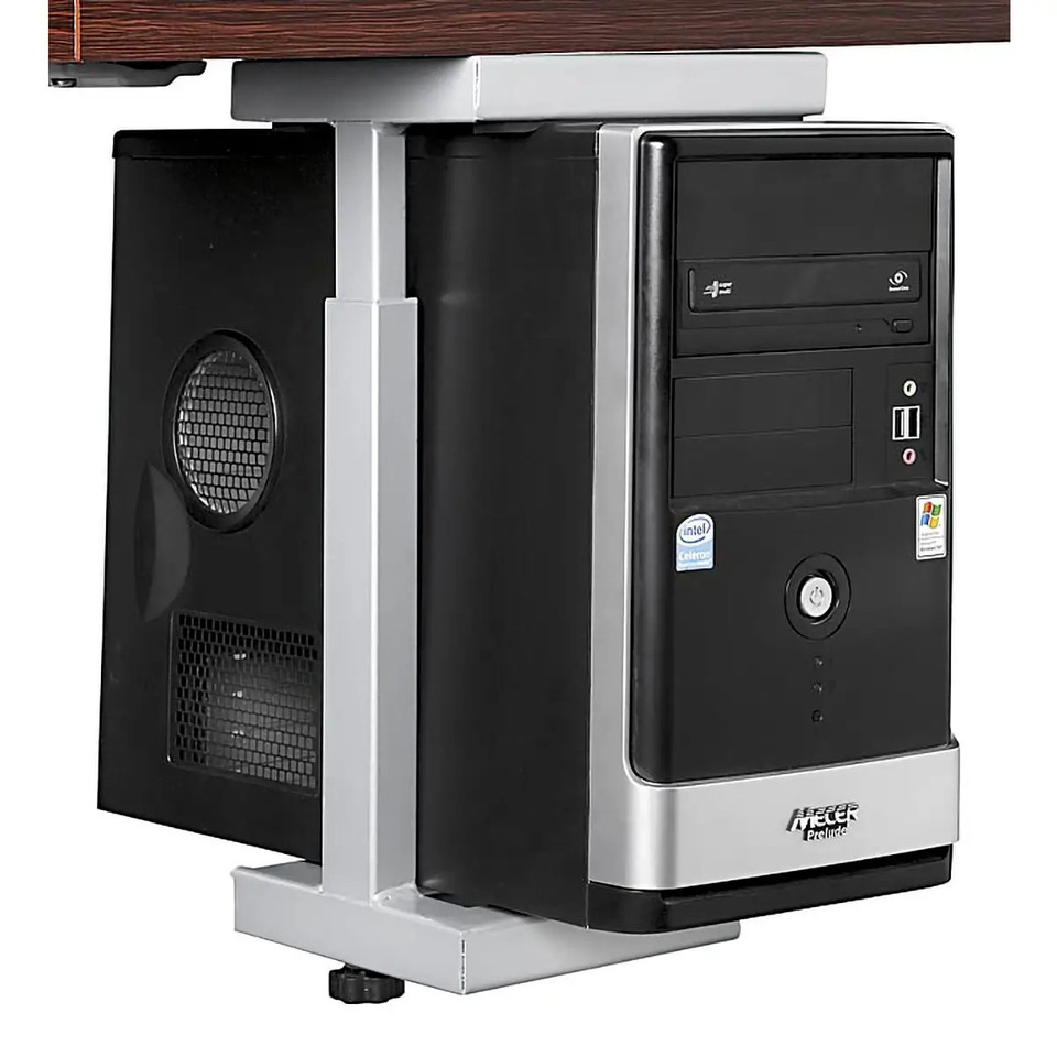 Computer Case Holder with a Swivel and Runners, a Sturdy and Adjustable Computer Case Stand with Swivel Functionality and Runners for Stability.