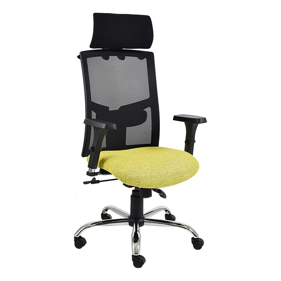 Winston Mesh High-back Office Chair by 67, Featuring a Black Mesh Back, Yellow Seat, and Ergonomic Design, Providing Stylish Office Seating with a Synchro Lock Mechanism and Adjustable Backrest, on a Sleek Silver Base with Black Wheels.