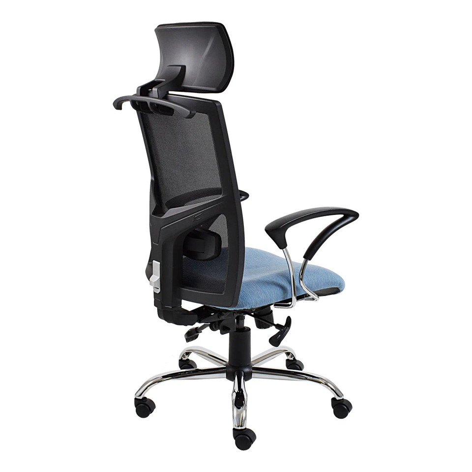 Winston Mesh High-back Office Chair by Office Stock South Africa, a Corporate Office Chair with Mesh Material, Blue Seat, and Black Frame, Featuring a High-back and Headrest, on a Five-Star Base with Wheels.