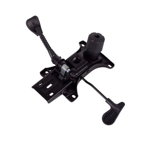 Black Infinite Lock Mechanism by 67, an Ergonomic Chair Part with Adjustable Levers and Custom Upholstery Options for Office Seating, Featuring a Durable Design with Metal and Plastic Components.