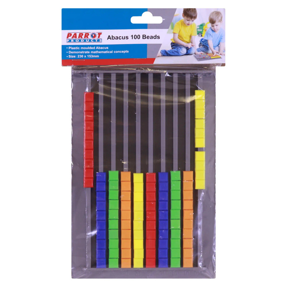 Parrot Abacus 100 Beads, Colourful Plastic Abacus with 100 Beads in Red, Yellow, Green, Blue, and Orange Arranged on Vertical Rods for Educational Counting and Math Demonstrations.